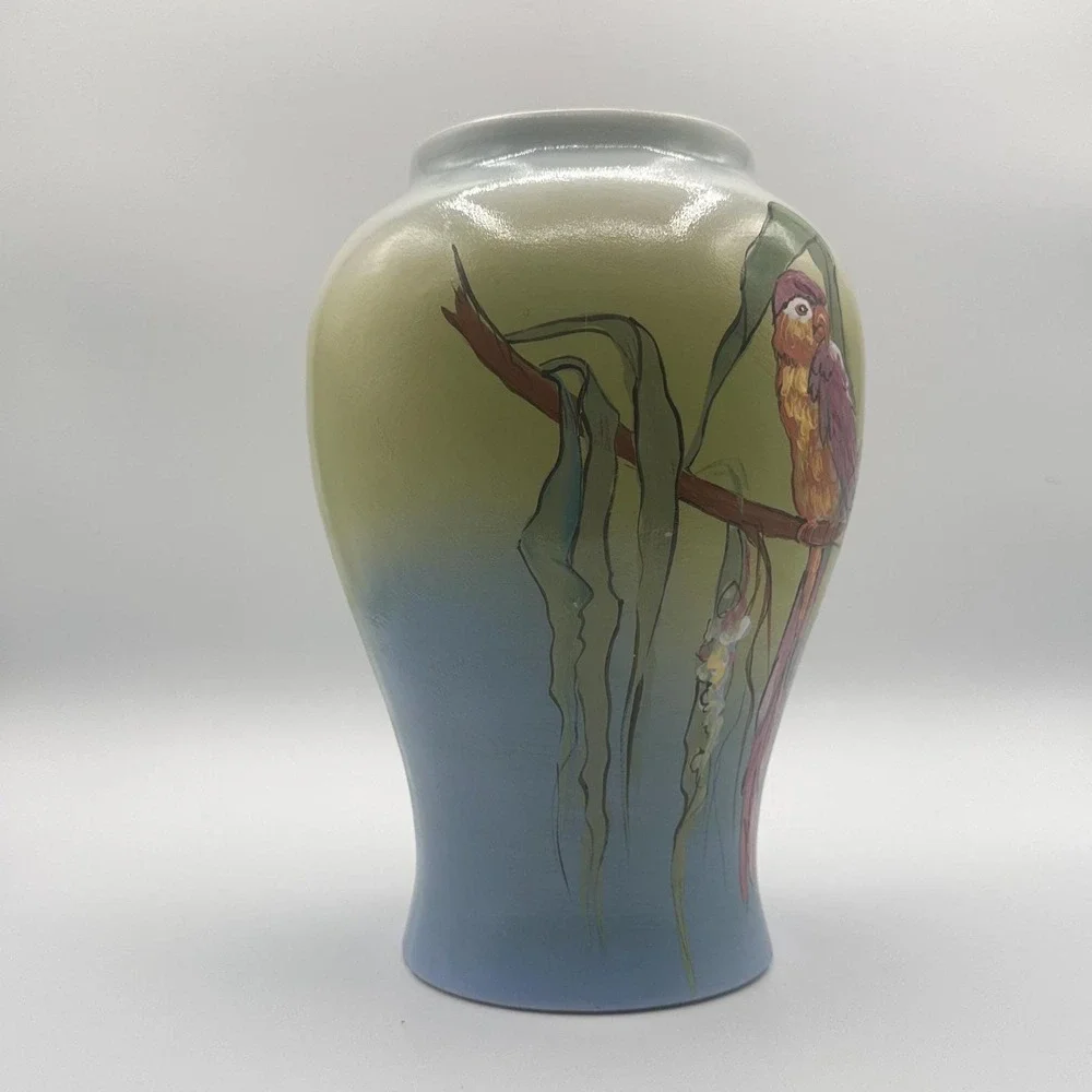 Rick Wisecarver Handcrafted Tropical Bird Ceramic Vase 1982 Green Blue 10in